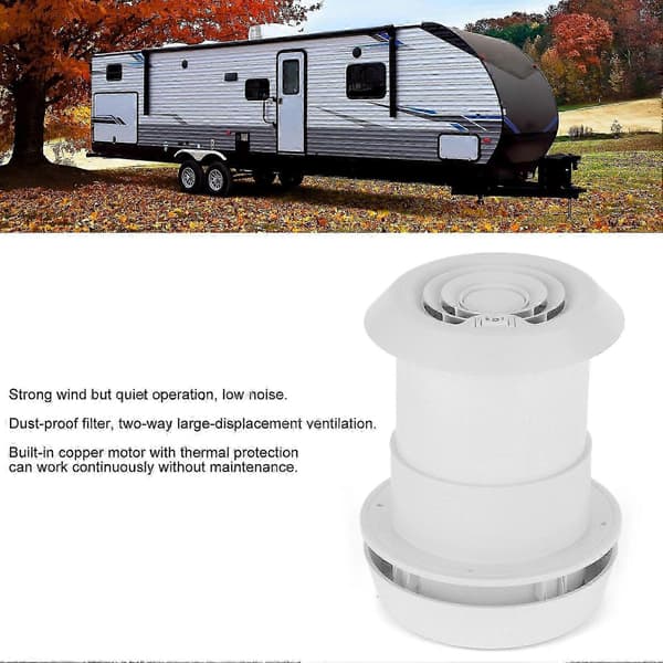Loftventilator til autocamper med ventilationsgitter og 12V strømforsyning.