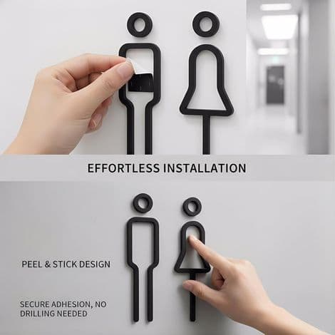 Sort, moderne, selvklæbende, elegant akryl toiletskilt med mandlige og kvindelige symboler, til gæstebadeværelse, til mænd og kvinder