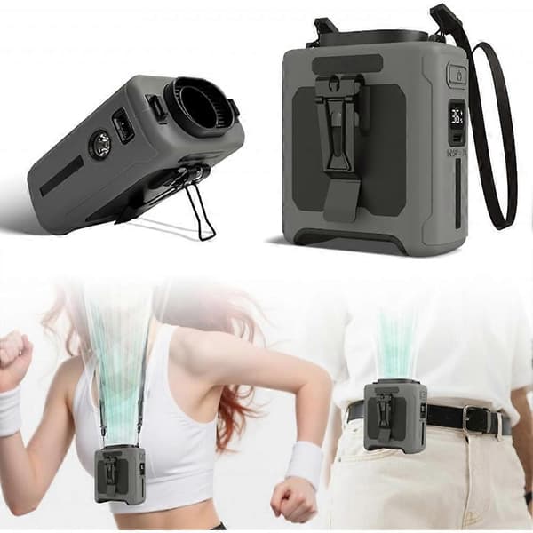 Bærbar 10000mAh ventilator med powerbank-funktion, LED-lys, 5 blæserhastigheder, grå.