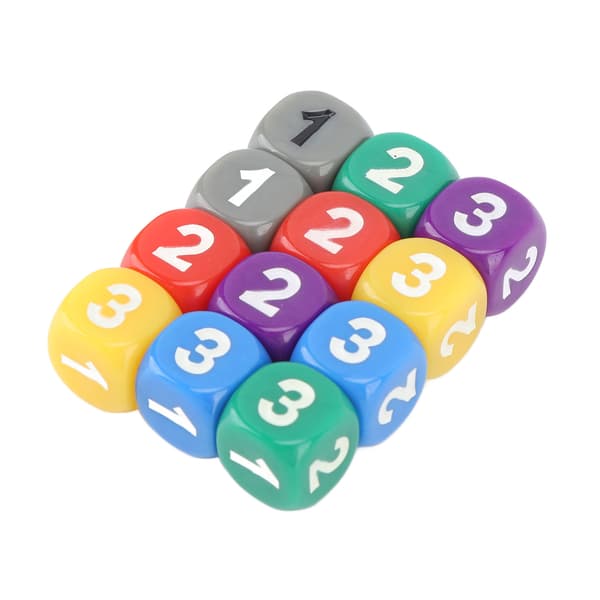 12 farverige 6-sidede plastikterninger med afrundede hjørner til undervisning i matematik og tælling