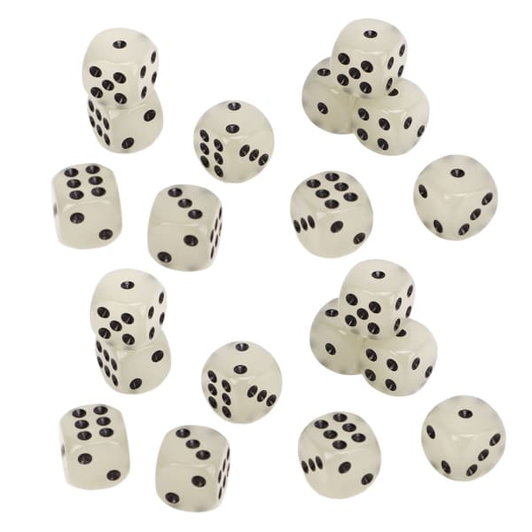 20 lysende plastterninger, 6 sider, svarte prikker, for brettspill og moro