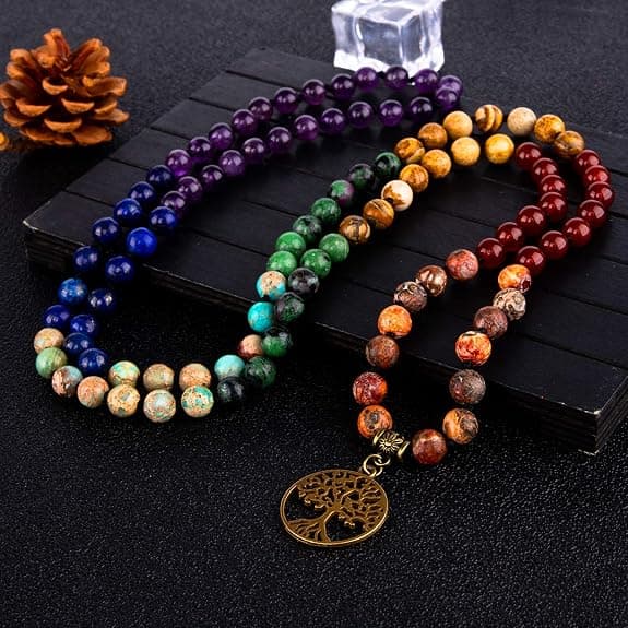 7 Chakra 108 Mala Pärlhalsband för kvinnor Ädelsten Böne Armband | Oro Tulsi Buddhist Buddha.