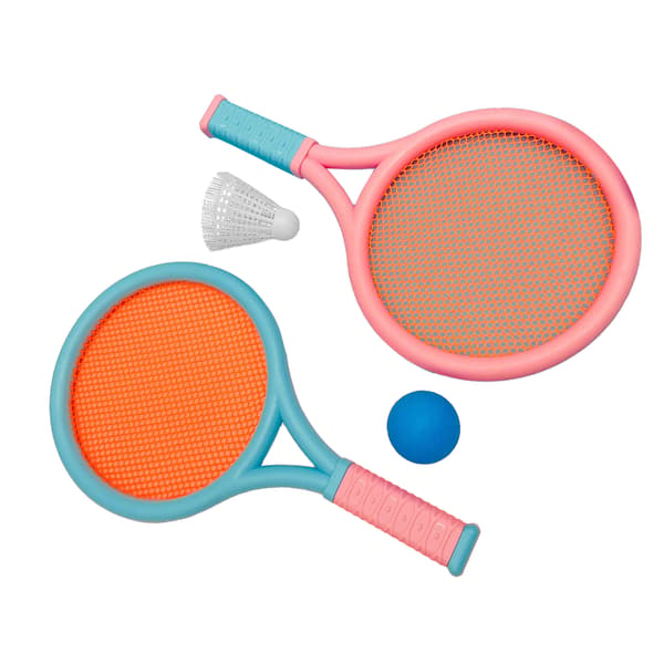 Badmintonsett for barn, sklisikkert, slitesterkt, lett, med 2 racketer og 2 baller, blå/rosa
