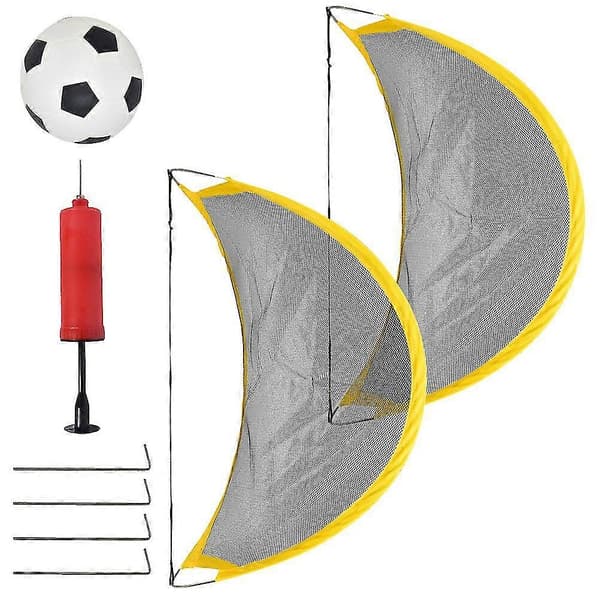 Fodboldlegetøjssæt inkluderer 2 mini fodboldmålnet til børn, 1 fodbold, 1 luftpumpe og 4 pløkker.