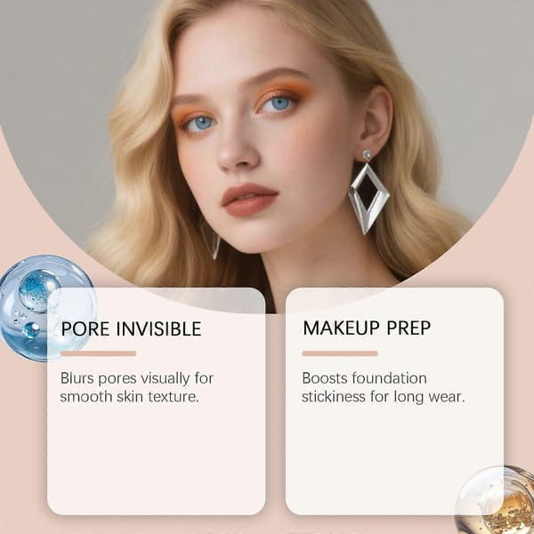 Usynlig makeupbase, minimerer porer, nærer og fugter, sikrer langvarig makeup.