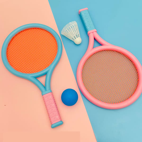 Badmintonsett for barn, sklisikkert, slitesterkt, lett, med 2 racketer og 2 baller, blå/rosa