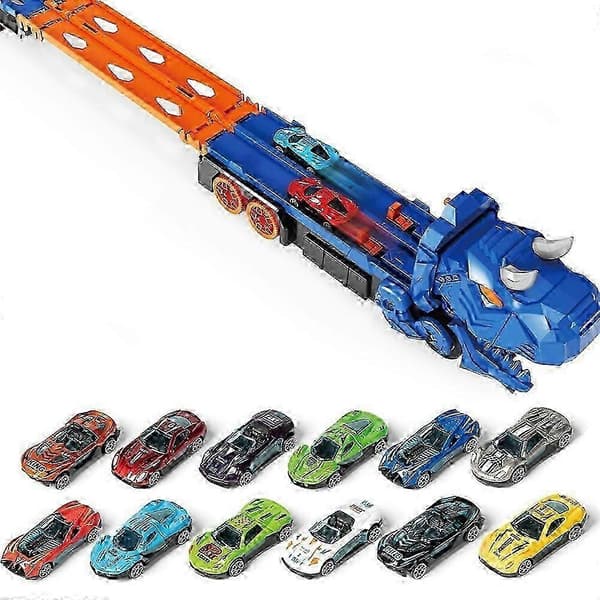 Auto- ja kuorma-autolelusetti dinosaurus-kuljetusautolla ja 12 autolelulla pojille