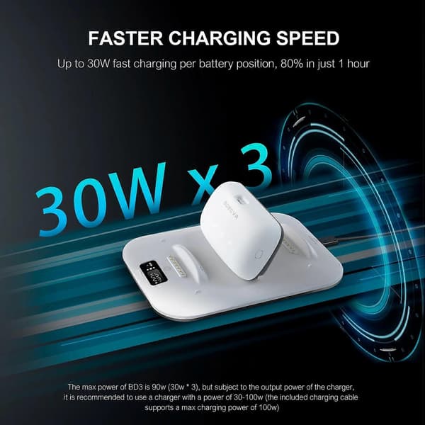 BOBOVR BD3 laddningsdocka stöder tre B100-batterier och levereras med en 30W snabbladdare.