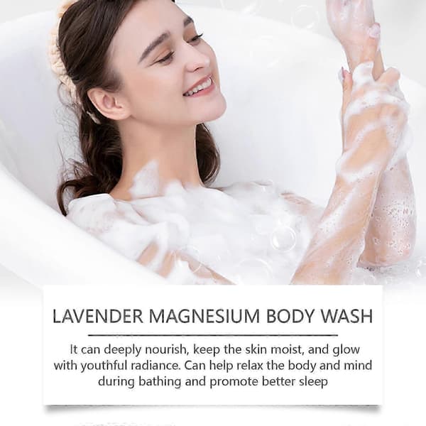 Magnesium- og lavendelbrusergel: Skånsom rensning, eksfoliering, hydrering og langvarig duft.