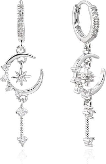 Måne- og Stjerne Huggie Dangle Øreringe til Kvinder | Sølv Fødselssten Drop Hoop Øreringe med Cubic Zirconia.