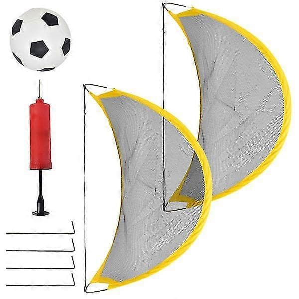 Fodboldlegetøjssæt inkluderer 2 mini fodboldmålnet til børn, 1 fodbold, 1 luftpumpe og 4 pløkker.