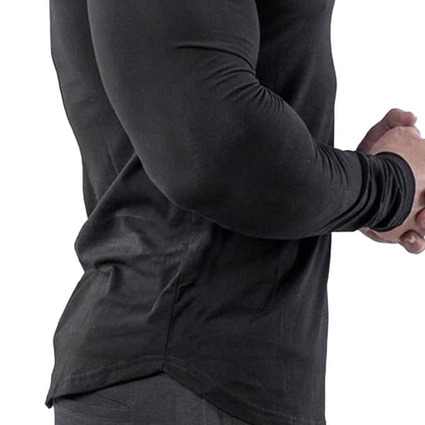 Mænds langærmet tætsiddende T-shirt med elastisk linning, hurtigtørrende bomuldsblanding, sort XXL