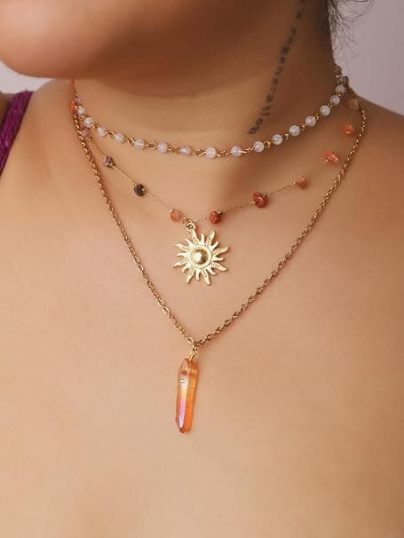 Lagdelt Krystall Sol Halskjede, Boho Hippie Sommer Strand Halskjede