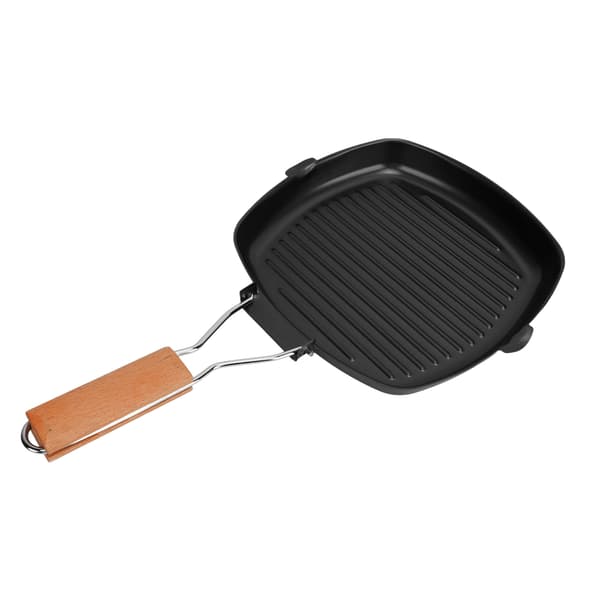 Non-stick stegepande i smedejern med foldbart træhåndtag til camping, 24 cm.