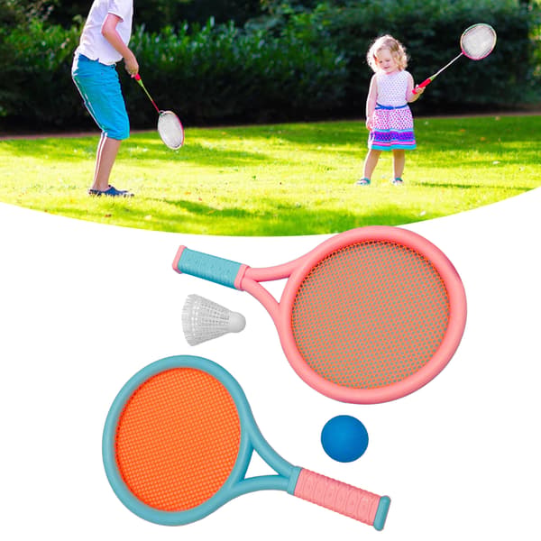 Badmintonsett for barn, sklisikkert, slitesterkt, lett, med 2 racketer og 2 baller, blå/rosa