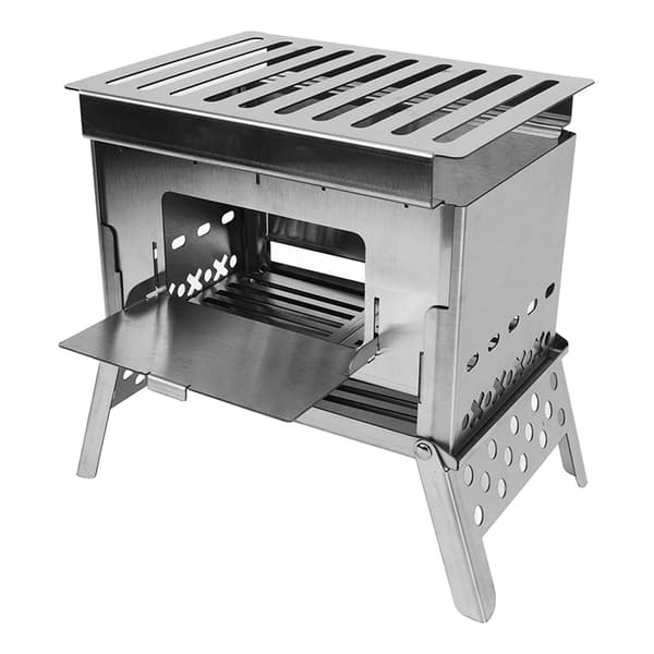 Bærbar sammenklappelig brændeovn i rustfrit stål til camping, grill og udendørs brug.