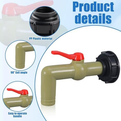2-delt IBC-beholderkran, 1\" vanntankkran, 32 mm utløpsdiameter med S60 x 6 adapter, for 1000L vanntank