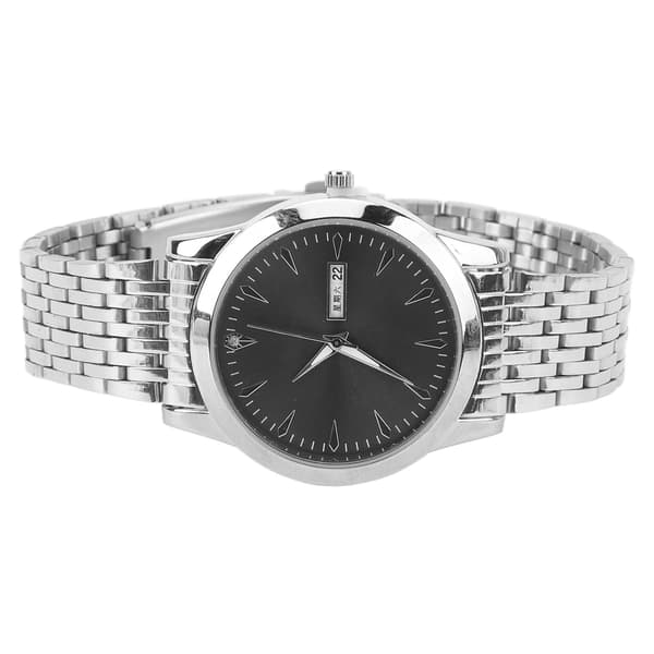 Elegant Klassisk Dual Date Herre Quartz Ur, Rustfrit Stål, Sølv Armbånd, Sort Urskive