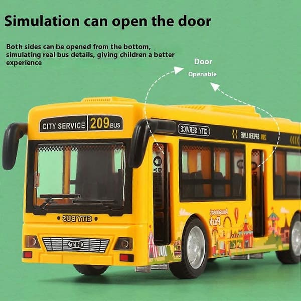 Stor legetøjsbus til børn, der simulerer en ægte busscene, med indbyggede lys, musik og audiovisuelle funktioner, busmodel.