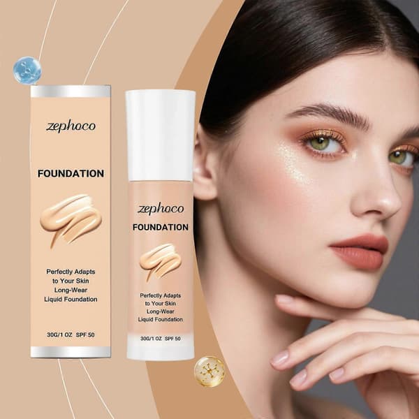 Langvarig flytende foundation med SPF 50, lett og byggbar dekkevne