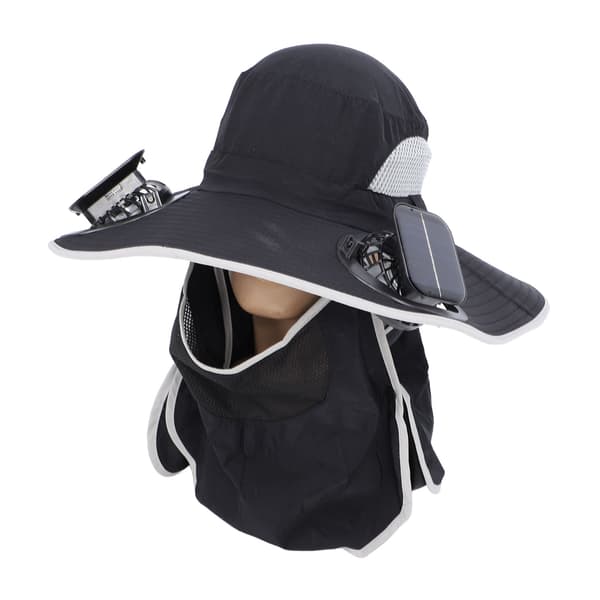 Solarhat med USB genopladelig ventilator, bred skygge, UPF50 beskyttelse til udendørs fiskeri, sort