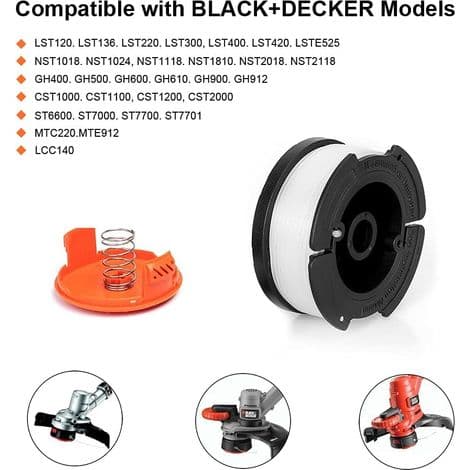 Pakke med 6 A6485 A6481 spoler for Black & Decker gresstrimmere, 6 x 9 m nylonsnor, 1,65 mm diameter snor + 1 hette + 1 fjær