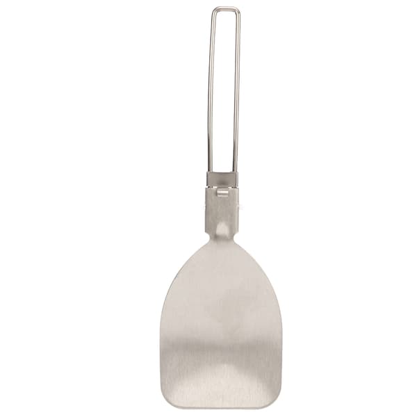 Sammenleggbar stekespade laget av 304 rustfritt stål med låsemekanisme, lett og bærbar for camping og matlaging.