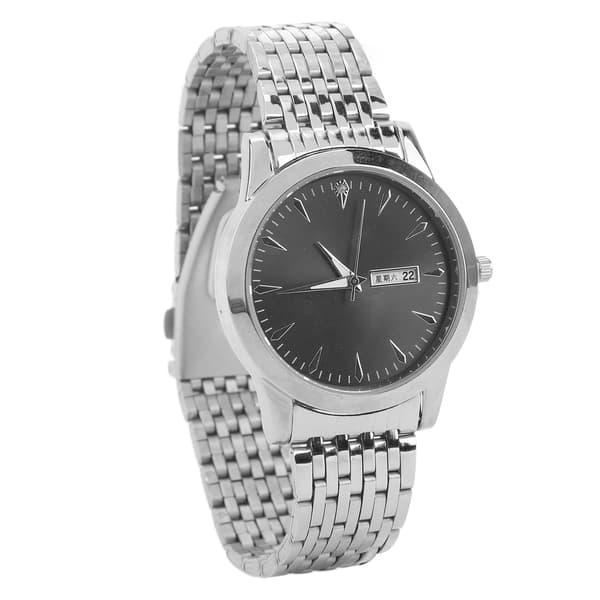 Elegant Klassisk Dual Date Herre Quartz Ur, Rustfrit Stål, Sølv Armbånd, Sort Urskive