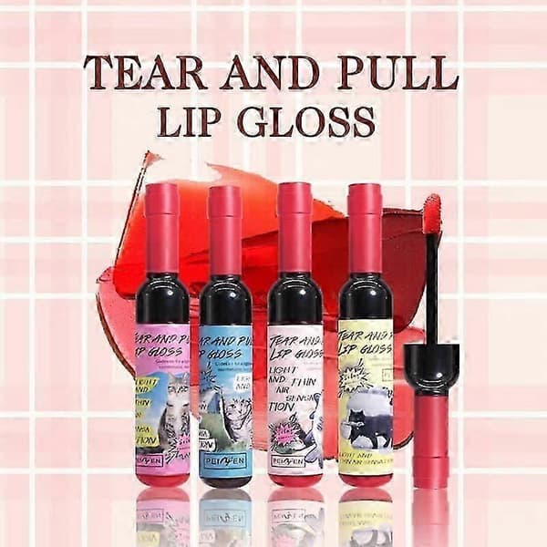 Sæt med 4 lipgloss, peel-off gloss, tatoveringseffekt læbefarve