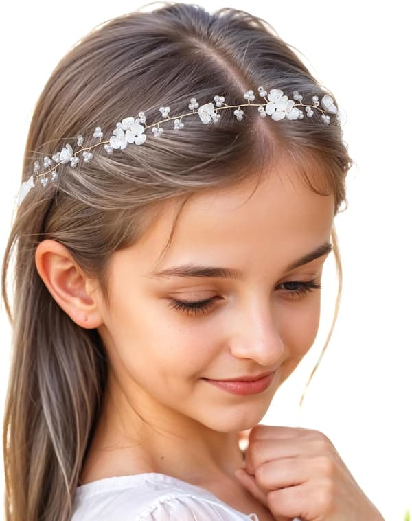 Hårtilbehør til piger, blomsterpandebånd med hvide perler | Prinsessebrudehovedbeklædning til bi.