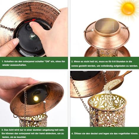 Solar fuglefoderbræt, metal fuglefoderbræt, solcelledrevet, hængende fuglefoderbræt, fuglefoderbræt til have, gård, terrasse, udendørs dekoration