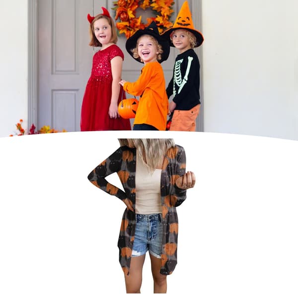 Damkappa med öppen front, Halloween-stil, akrylfiber, långärmad, avslappnad, höst, grå, storlek M