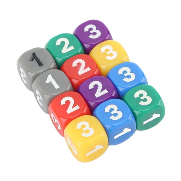 12 farverige 6-sidede plastikterninger med afrundede hjørner til undervisning i matematik og tælling