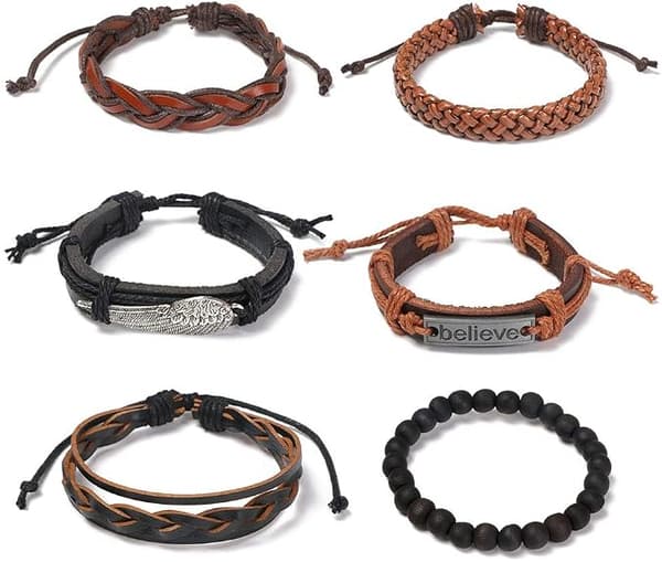 Läderarmband, 6-delat justerbart mode punk flätat reparmbandset för män och kvinnor, c.