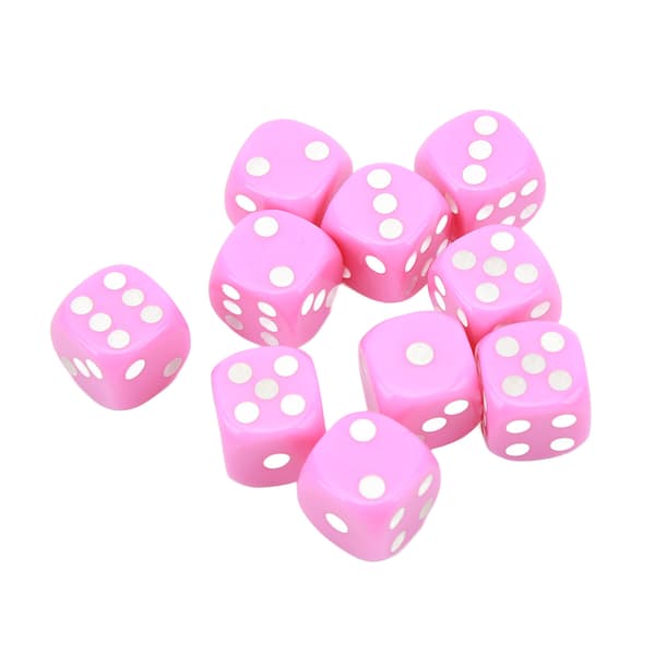 Sett med 30 plast 6-sidede terninger med avrundede hjørner, 16 mm, for brettspill, rosa
