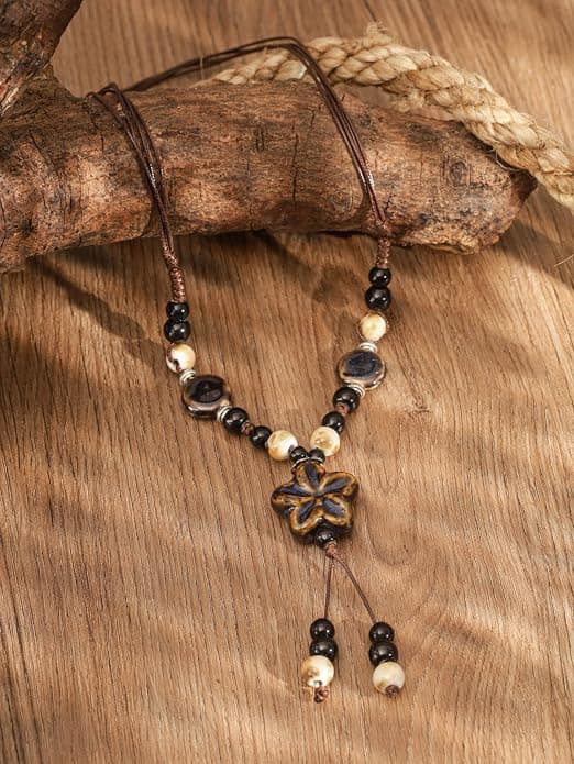 Boho Hippie Blomkeramiska Pärlor Berlock Y-Halsband, Bohemiskt Sommar Statement Smyckesgåva för Kvinnor