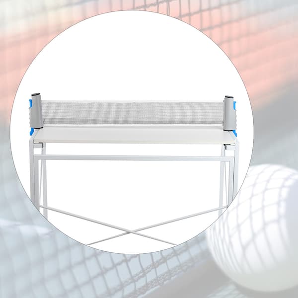 Bærbart teleskopisk foldbart bordtennisnet, holdbart, grå og blå, til indendørs og udendørs brug.