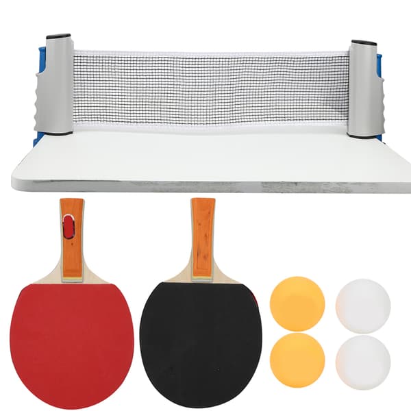 Bärbart bordtennisset med teleskopnät, racketar och 4 bollar, vit och blå