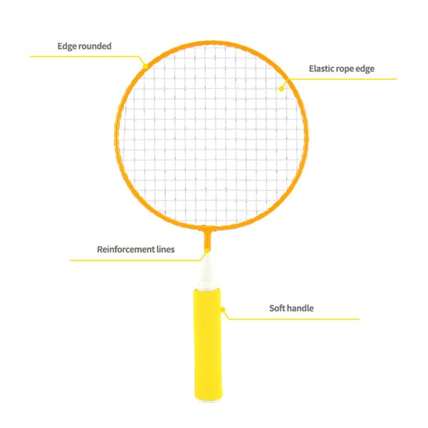 Børne-badmintonketsjersæt i net, stort, blødt, skridsikkert, med 2 gule bolde