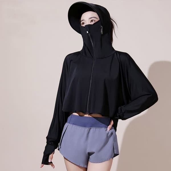 Dame langærmet UV-resistent åndbar cykel-T-shirt med hætte, størrelse L, sort