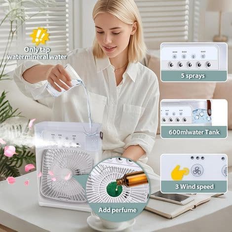 Bærbar mobil aircondition, miniventilator, luftkøler med 3 hastigheder, timer, 7 LED-lys, dæmpningsfunktioner (hvid) - AquaForge