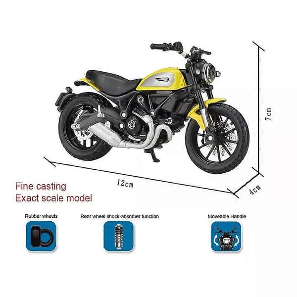 Ducati Scrambler trykstøbt motorcykelmodel med bevægelige støddæmpere, børnelegetøj, gave samleobjekt.