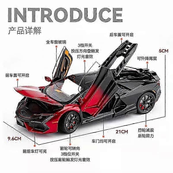 1:24 Lamborghini Revuelto superbil trykstøbt model og legetøjsbil, med lyd- og lyseffekter.