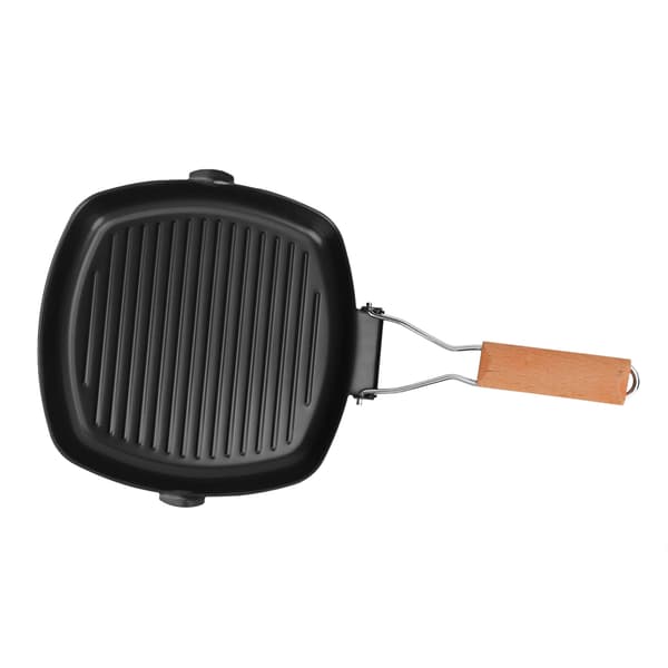 Non-stick stegepande i smedejern med foldbart træhåndtag til camping, 24 cm.