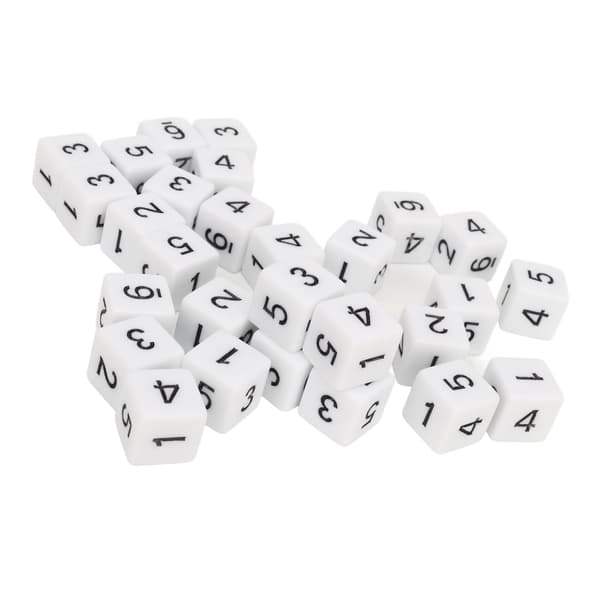 Sett med 30 plastterninger 16 mm 6 sider hvite tall for bordspill og matematikk