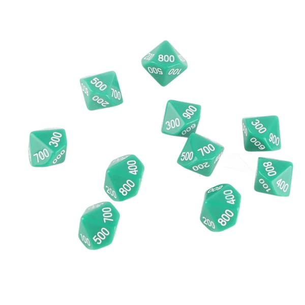 10 gröna 10-sidiga tärningar med vita siffror för undervisning och spel, premiumplast, 10 stycken