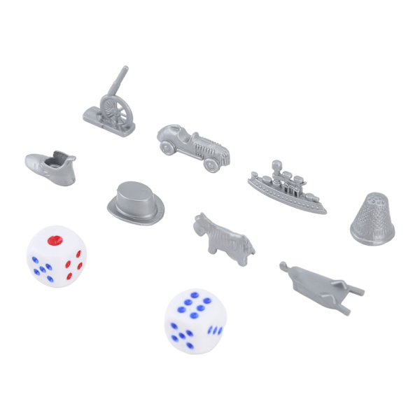 Plastbrettspillbrikker med terninger, tilbehør, kanon, bil, skip, hatt, reservedeler