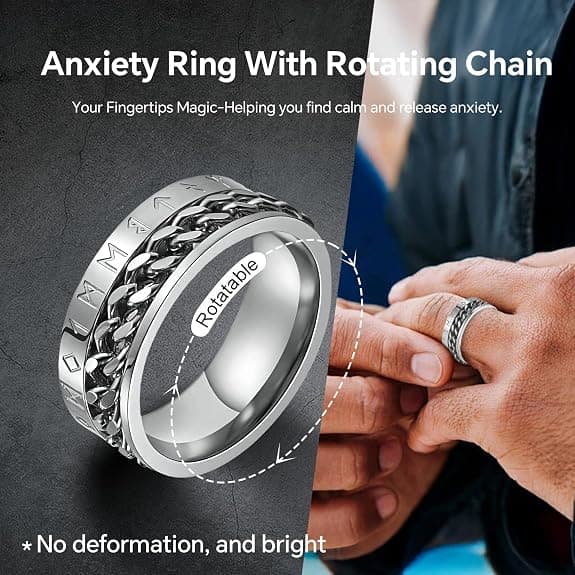 Fidgetring för män, spinnerring i rostfritt stål för män med vikingarunor, ångestlugnande humörrotering.