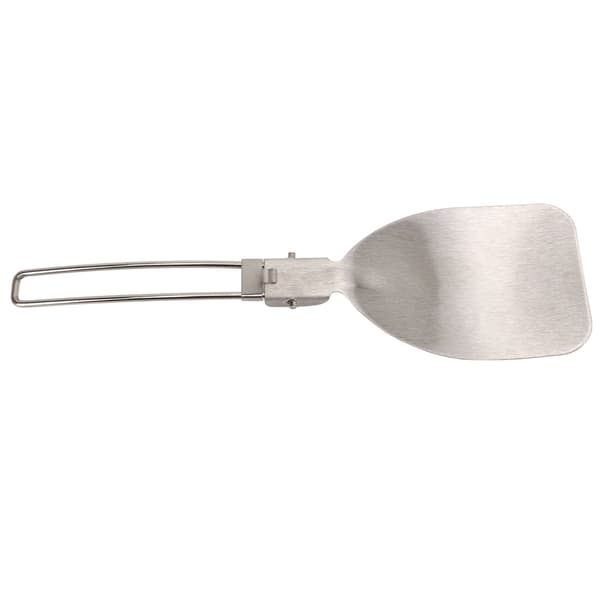 Sammenfoldelig spatel lavet af 304 rustfrit stål med låsemekanisme, let og bærbar til camping og madlavning.
