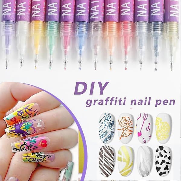 Neglekunstmarkørsæt, 0,5 mm, vandtæt og hurtigtørrende, velegnet til DIY neglekunstdesign.
